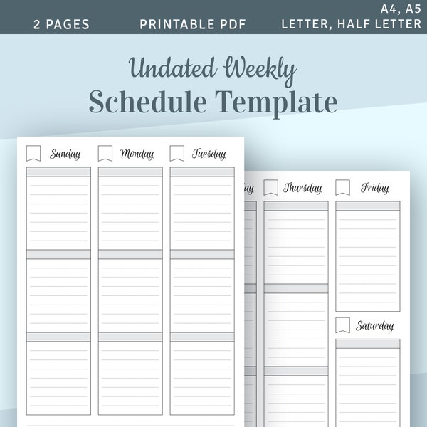 Undated Weekly Schedule Template, Week on 2 Pages Planner, Instant Download Printable PDF