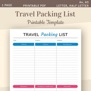 Lista de embalaje de viaje, Lista de verificación de embalaje, Plantilla de embalaje de vacaciones, Inserto imprimible del Diario de viaje, A4, A5, Carta, Media carta, Filofax PDF