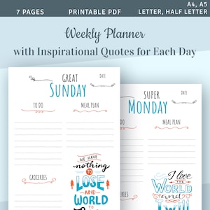Weekly Planner with Inspirational Quotes for Each Day, 7 Days Motivational Planner Template, Instant Download Printable PDF
