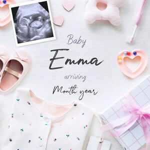 Carte d'annonce de grossesse avec photo échographique, modèle d'annonce personnalisé pour la date d'échéance du bébé sur les réseaux sociaux