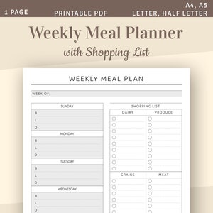 Meal Planner Printable, Weekly Menu Planner with Grocery List, Family Food Planner Template, Meal Plan Printable PDF, A4 A5 insert