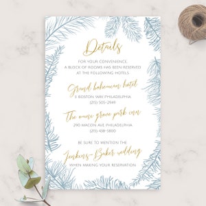 Fir Branch Winter Wedding Details card, Wedding Accommodations Card Template, Editable Printable Wedding Information Card, PDF, JPG, PNG