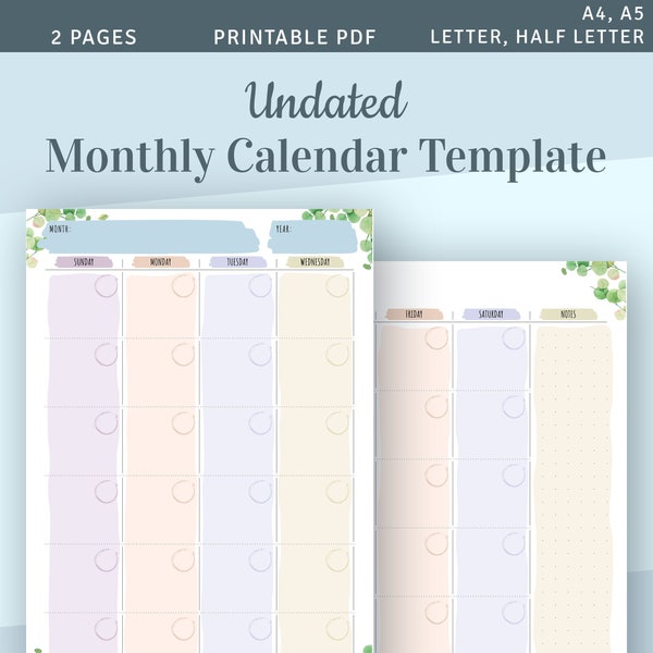 Undated Monthly Calendar Printable Template, Monthly Planner, Month on 2 pages, Two Page Planner Insert PDF A4 A5 Letter size Filofax