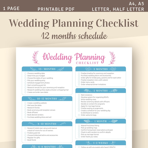 Wedding Planning Checklist, Printable Wedding Template, A4, A5, Letter, Half Letter, Instant Download