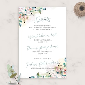Watercolor Wedding Details Card, Wedding Accommodations Card Template, Fully Editable Printable Wedding Information Card, PDF, JPG, PNG
