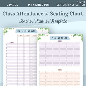 Puede incluir: Plantilla de tabla de asistencia y plan de asientos de clase imprimible con un diseño floral de acuarela. La tabla incluye una sección para los nombres de los estudiantes y una cuadrícula para marcar la asistencia. El plan de asientos tiene una cuadrícula para asignar los asientos de los estudiantes.