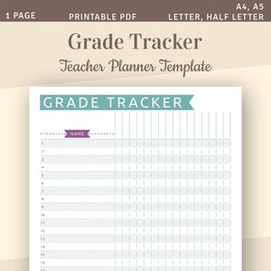 Printable Grade Tracker Template, Teacher Grade Log Sheet, Class Gradebook, Grade Keeping, Lesson Planning, A4, A5, Letter, Half Letter PDF