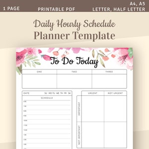 Daily Hourly Schedule Planner Template, To Do List, Daily Agenda, Instant Download Printable PDF