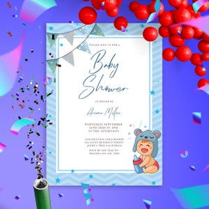 Ducha por correo, baby shower virtual, impresionante invitación de baby shower de rayas, plantilla de invitación, descarga digital, invitación imprimible
