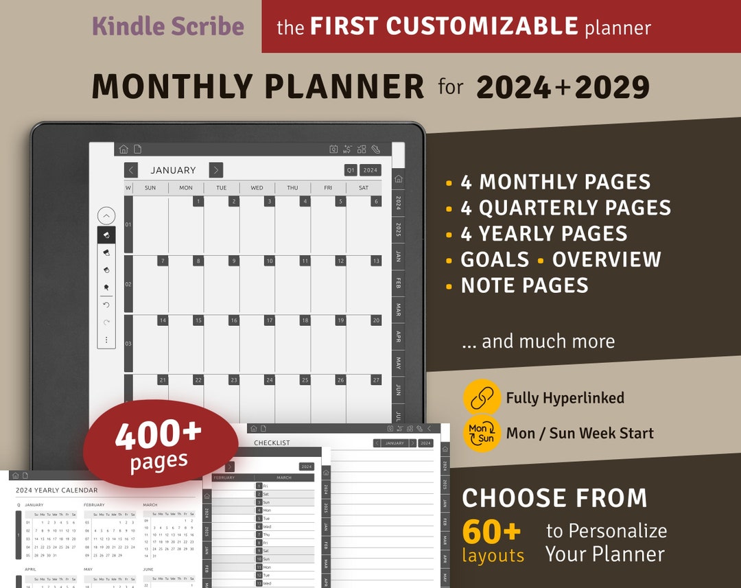2024 2029 Kindle Scribe Monthly Calendar 5 Years, Hyperlinked Digital