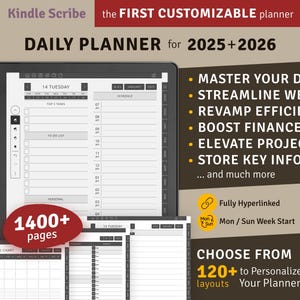 2025 + 2026 Kindle Scribe  Daily Planner, Hyperlinked Digital Planner Bundle, Digital Download PDF Template for Kindle Scribe Tablets