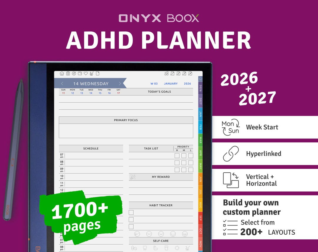 2026 + 2027 ADHD Digital Planner, Hyperlinked PDF for Onyx Boox - Etsy