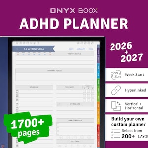 2026 + 2027 ADHD Digital Planner, Hyperlinked PDF for Onyx Boox