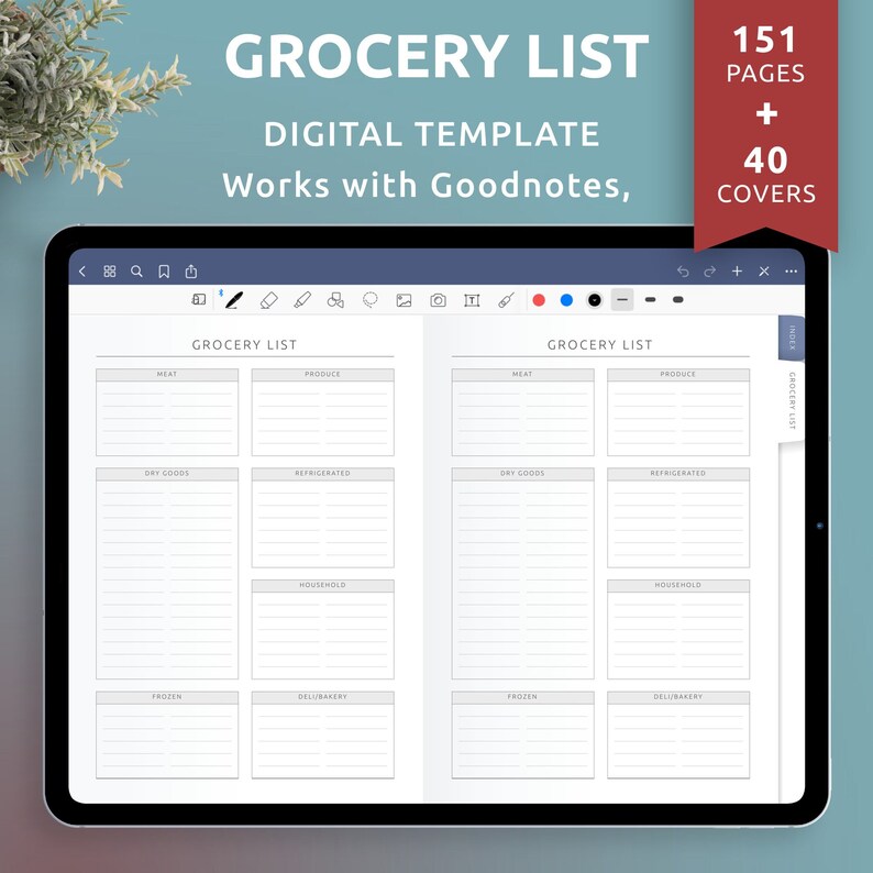 Puede incluir: Una plantilla de lista de la compra digital para Goodnotes, con 151 p&aacute;ginas y 40 portadas. La plantilla est&aacute; dividida en secciones para carne, productos frescos, productos secos, refrigerados, art&iacute;culos para el hogar, congelados y charcuter&iacute;a/panader&iacute;a.