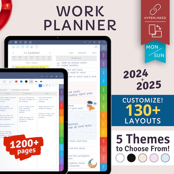 Planificateur de travail personnalisable 2024 + 2025 pour iPad/tablette Android, Goodnotes, Notability, modèle Samsung Notes, PDF avec hyperlien professionnel
