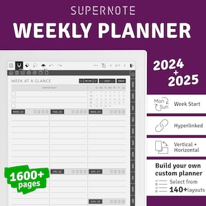 2024 - 2025 Supernote Weekly Planner, Hyperlinked Digital Planner Template PDF for A5X A6X; Calendars Yearly / Quarterly / Monthly