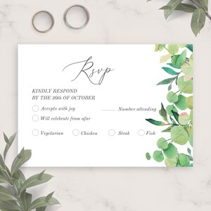 Cartão Rsvp de casamento com vegetação exuberante, modelo, cartão postal Rsvp de casamento para impressão, cartão de resposta editável, resposta gentil, PDF, JPG, PNG