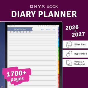 May include: A digital diary planner with the text "ONYX BOOX DIARY PLANNER". The screen displays a calendar layout with the date "14 WEDNESDAY" and the year 2026 + 2027. Features include "1700+ pages", "Hyperlinked", and "Vertical + Horizontal".