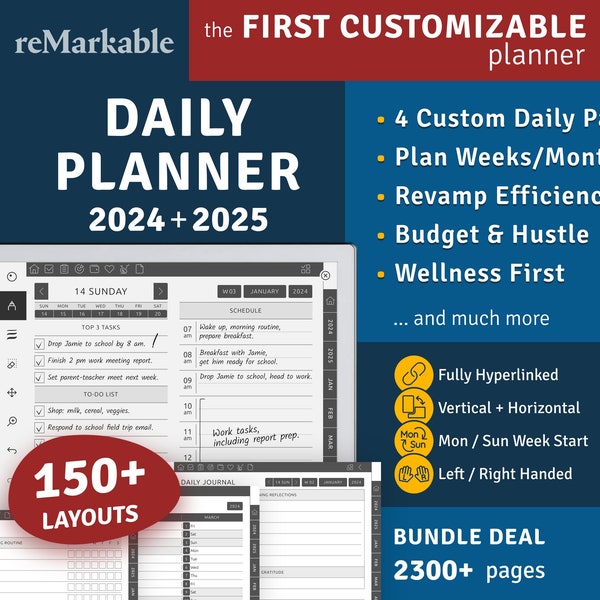 2024 reMarkable 2 Daily Planner, Hyperlinked Digital Planner Bundle, Digital Download PDF Template for reMarkable tablet
