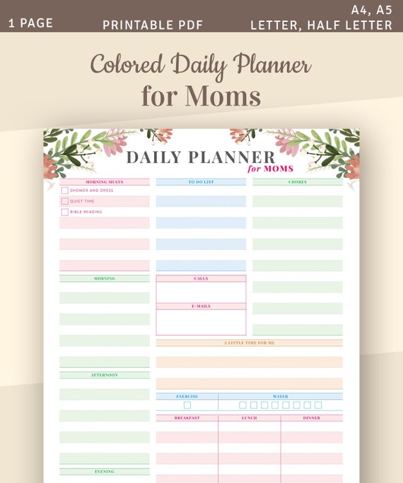 Colored Daily Planner Template for Moms Mother's Daily