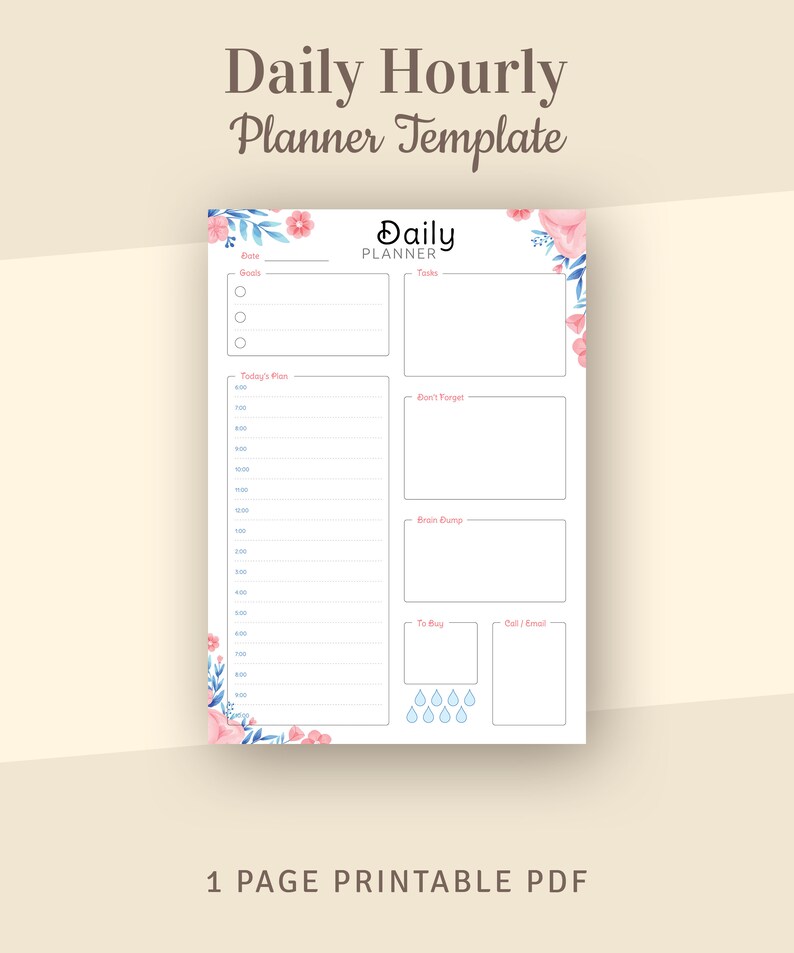 Floral Daily Hourly Planner Template Undated Planner Agenda Etsy