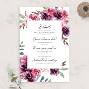 Burgundy Floral Wedding Details Card, Wedding Accommodations Card Template, Fully Editable Printable Wedding Information Card, PDF, JPG, PNG