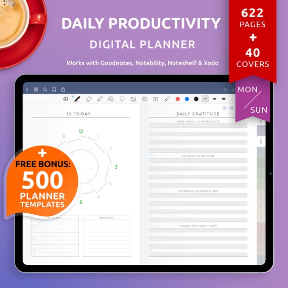 Daily Productivity Digital Planner, 40 Custom Covers (PDF Download)