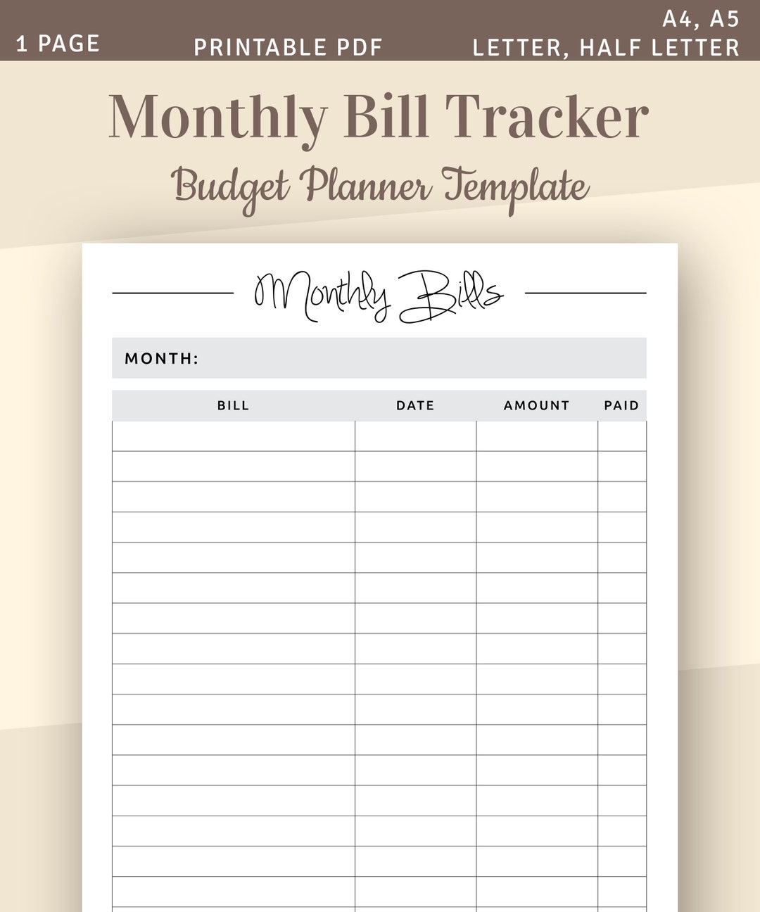 Monthly Bill Tracker Printable Digital Bill Organizer Bill Payment Budget  Planner 