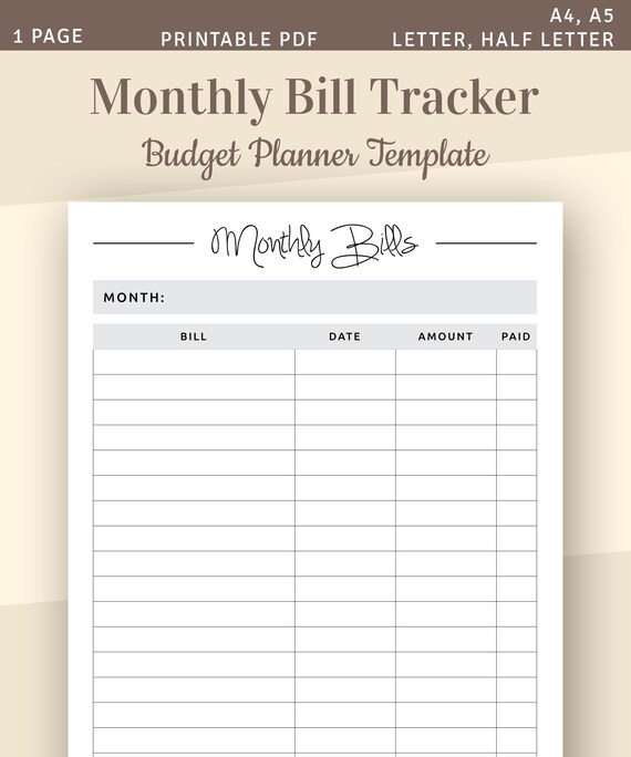 Monthly Bill Tracker Bill Planner Bill Payment Tracker Etsy