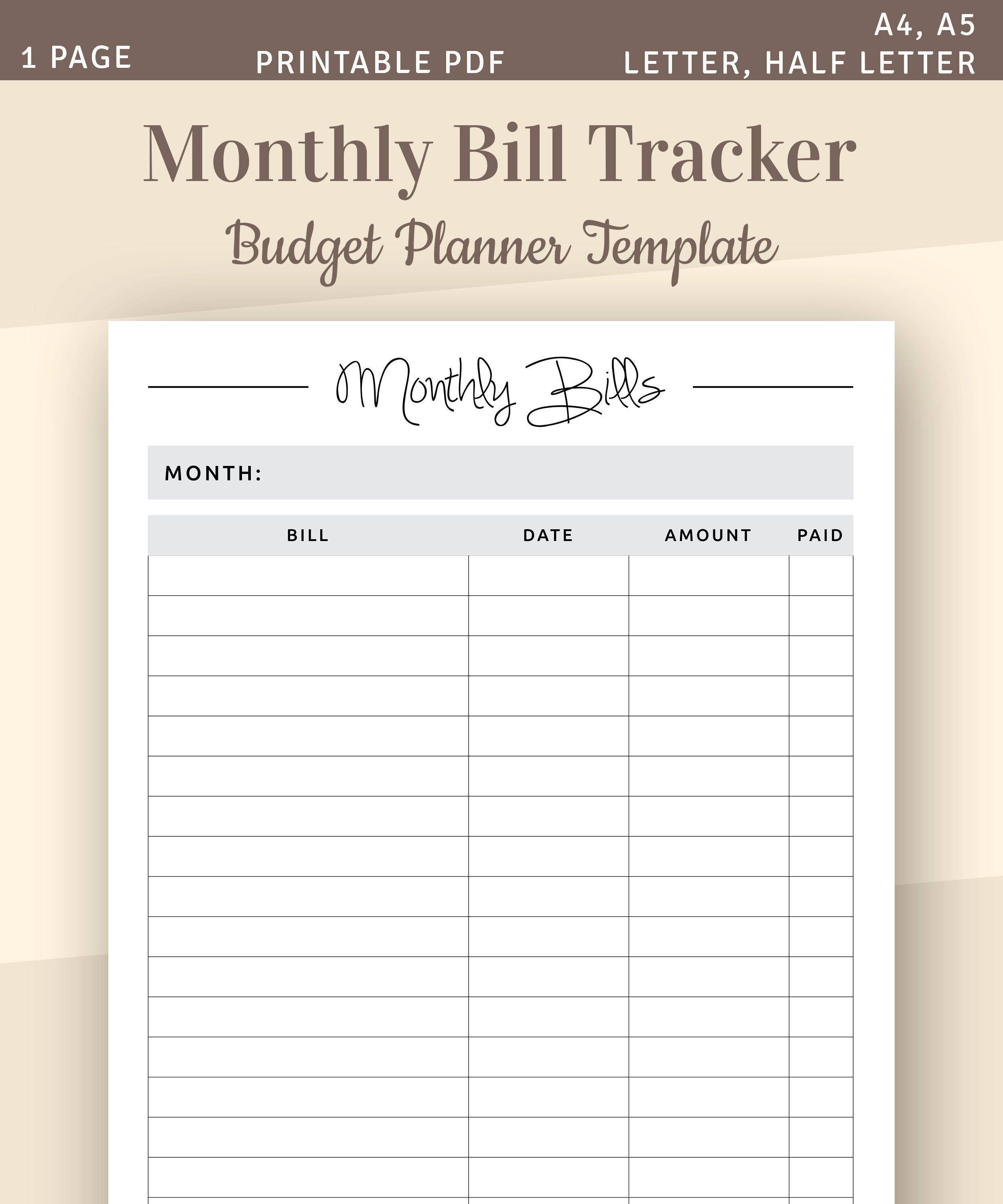 Monthly Bill Tracker, Bill Planner, Bill Payment Tracker, Printable Monthly Budget Planner, A4, A5, Letter, Half Letter PDF Template - Etsy