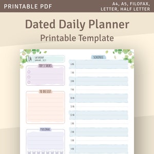 Tagesplaner druckbare Vorlage, Floral datierte Tageszeitplaner Seiten, tägliche Organizer Einlage, A4, A5, Letter, Half Letter, Sofort Download