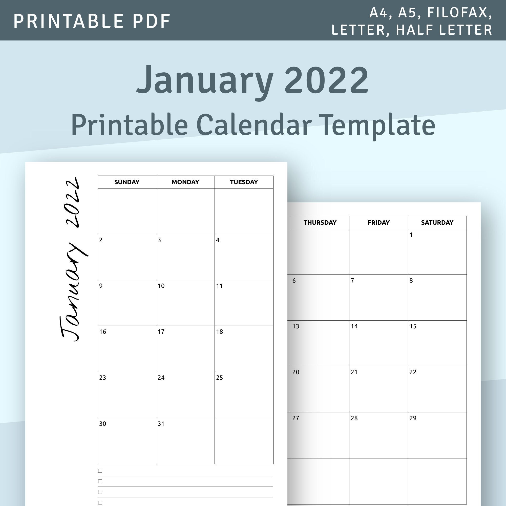 january 2022 to december 2022 printable monthly calendar etsy