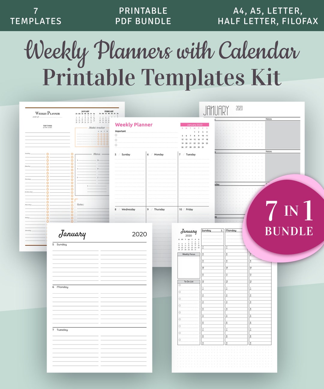 Weekly Planner Kit, Printable Week Plan Templates 7 in 1 Bundle, Weekly ...