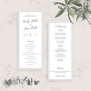 Plantilla de programa de boda simple y elegante, programa para boda, cronograma de ceremonia de boda imprimible, programa de boda editable, PDF, JPG, PNG
