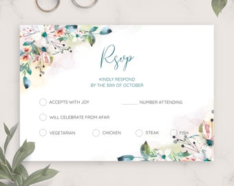 Botanical Watercolor Wedding Rsvp Card Template, Printable Wedding Rsvp Postcard, Editable Response Card, Kindly Reply, PDF, JPG, PNG