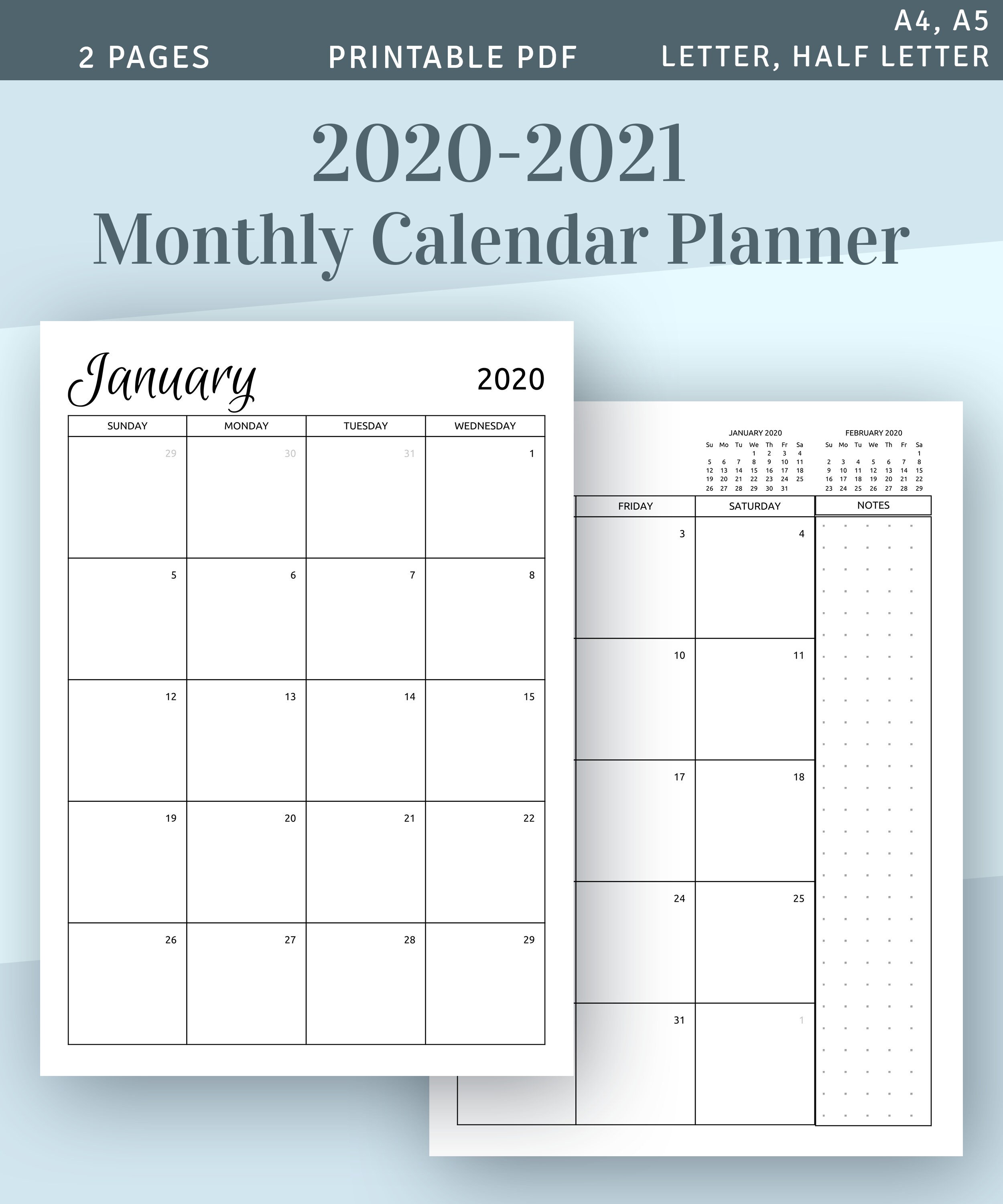 2020 2021 Monthly Calendar Printable Template Download 2020