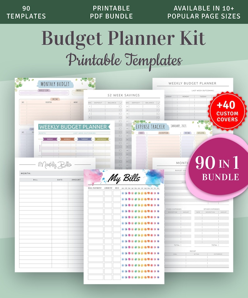 Budget Planner Kit, Printable Budget Planner Templates 90in 1 Bundle, Monthly Budget, Bill Tracker, Expense Tracker, Money Saving Challenge image 1