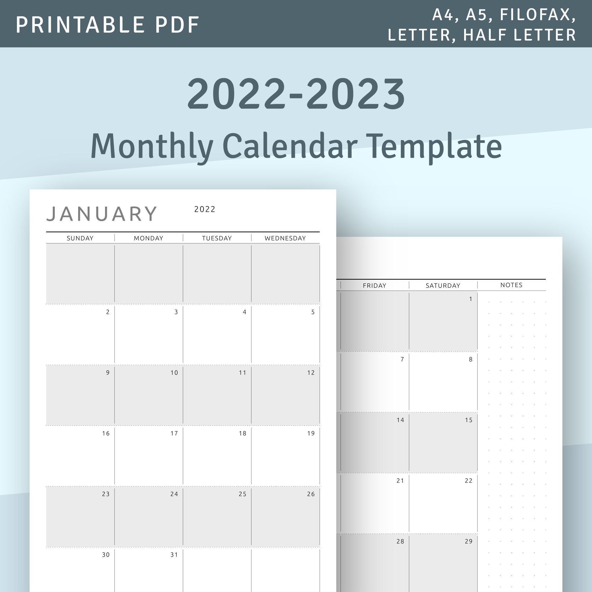 2022 2023 monthly calendar printable template download 2022 etsy uk