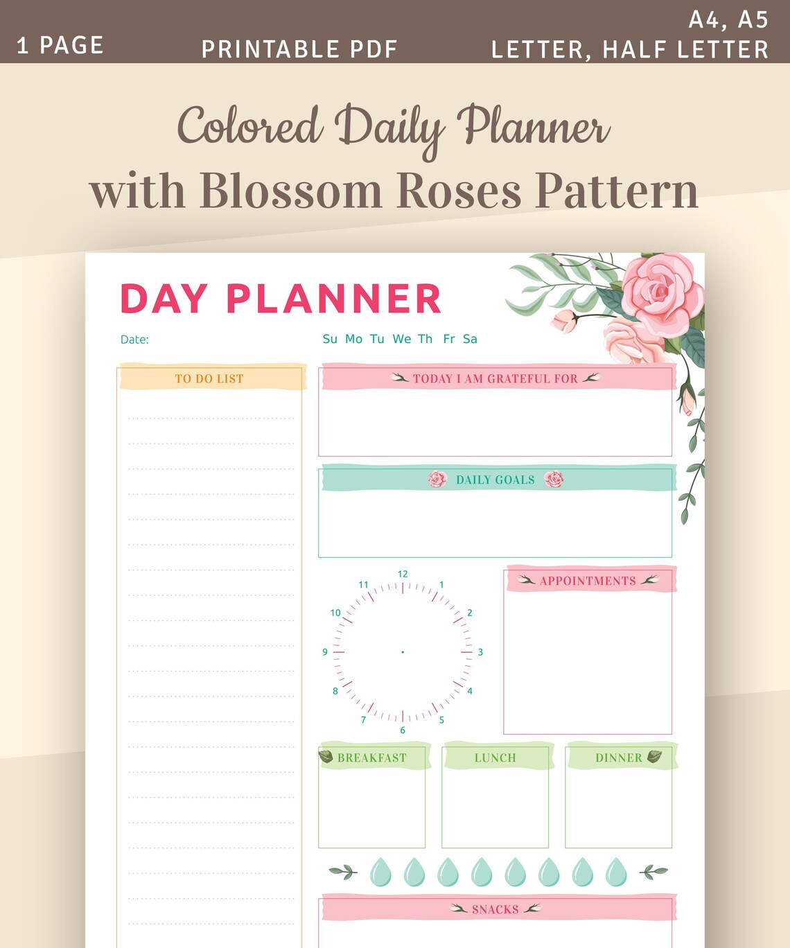 Colored Daily Planner With Blossom Roses Pattern, Day Agenda Template ...