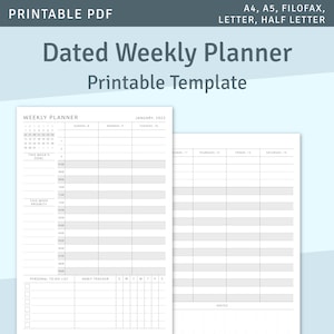 May include: A printable weekly planner template with a calendar for the month of January 2023, a section for daily tasks, a section for weekly goals and priorities, a to-do list, a habit tracker, and a notes section.