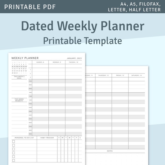 Dated Weekly Planner 2024-2024, Printable Weekly Agenda Template, Week on  Two Pages Inserts, A4, A5, Letter, Half Letter, Instant Download 