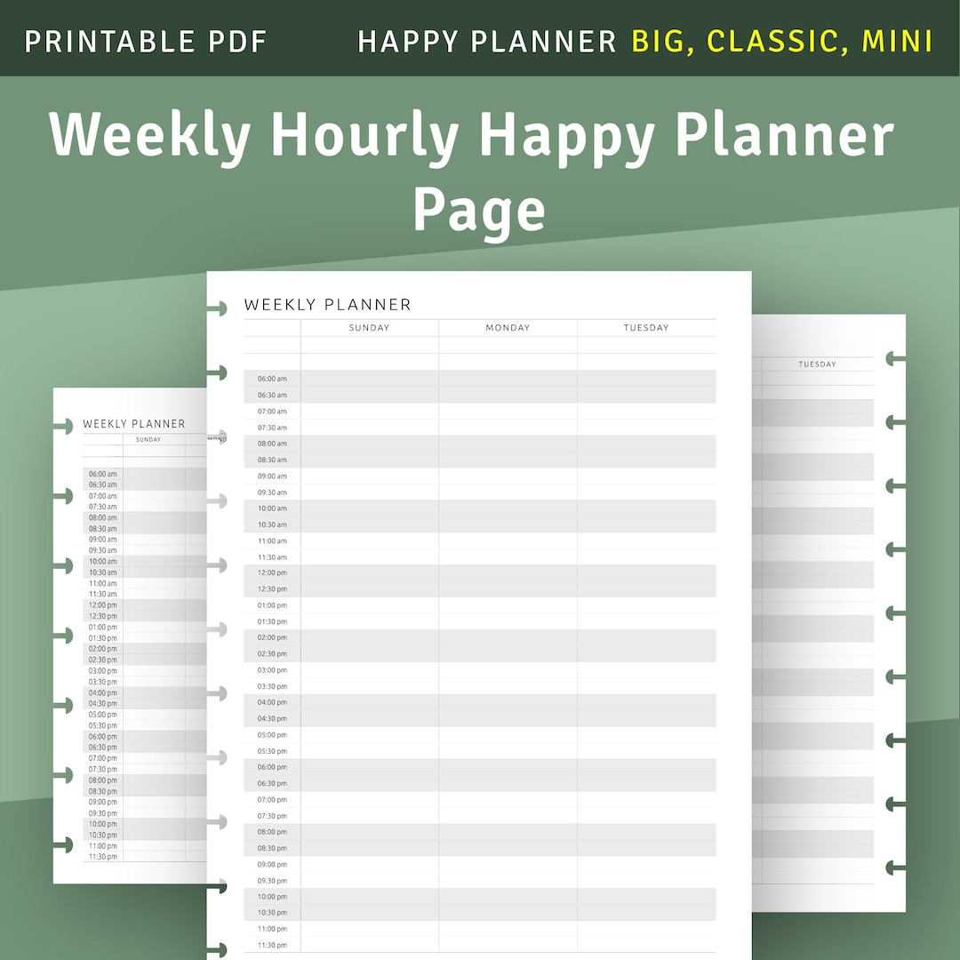 Two Page Weekly Hourly Schedule Template for Happy Planner Classic ...