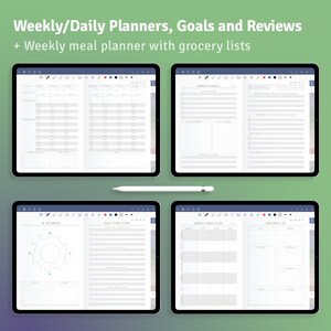 May include: Four digital tablets displaying planner pages. The top text reads "Weekly/Daily Planners, Goals and Reviews + Weekly meal planner with grocery lists." The pages include daily schedules, weekly goals, meal plans, and grocery lists. A white stylus is positioned below the tablets.