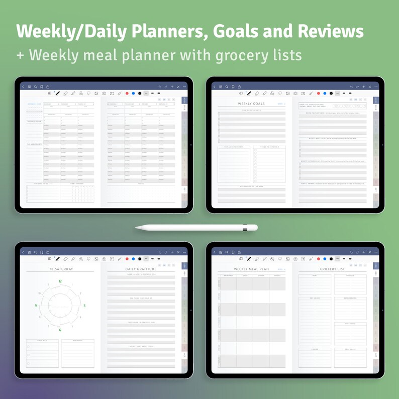 May include: Four digital tablets displaying planner pages. The top text reads "Weekly/Daily Planners, Goals and Reviews + Weekly meal planner with grocery lists." The pages include daily schedules, weekly goals, meal plans, and grocery lists. A white stylus is positioned below the tablets.