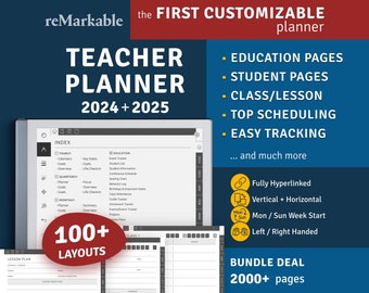 2024 + 2025 reMarkable Teacher Planner, Academic Planner, Lesson Planbook, Gradebook, Customizable Digital Planner, Hyperlinked PDF