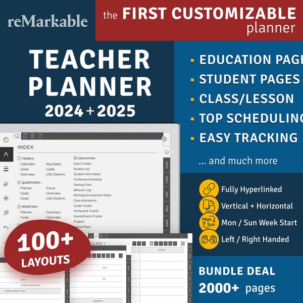 2024 + 2025 reMarkable Teacher Planner, Academic Planner, Lesson Planbook, Gradebook, Customizable Digital Planner, Hyperlinked PDF