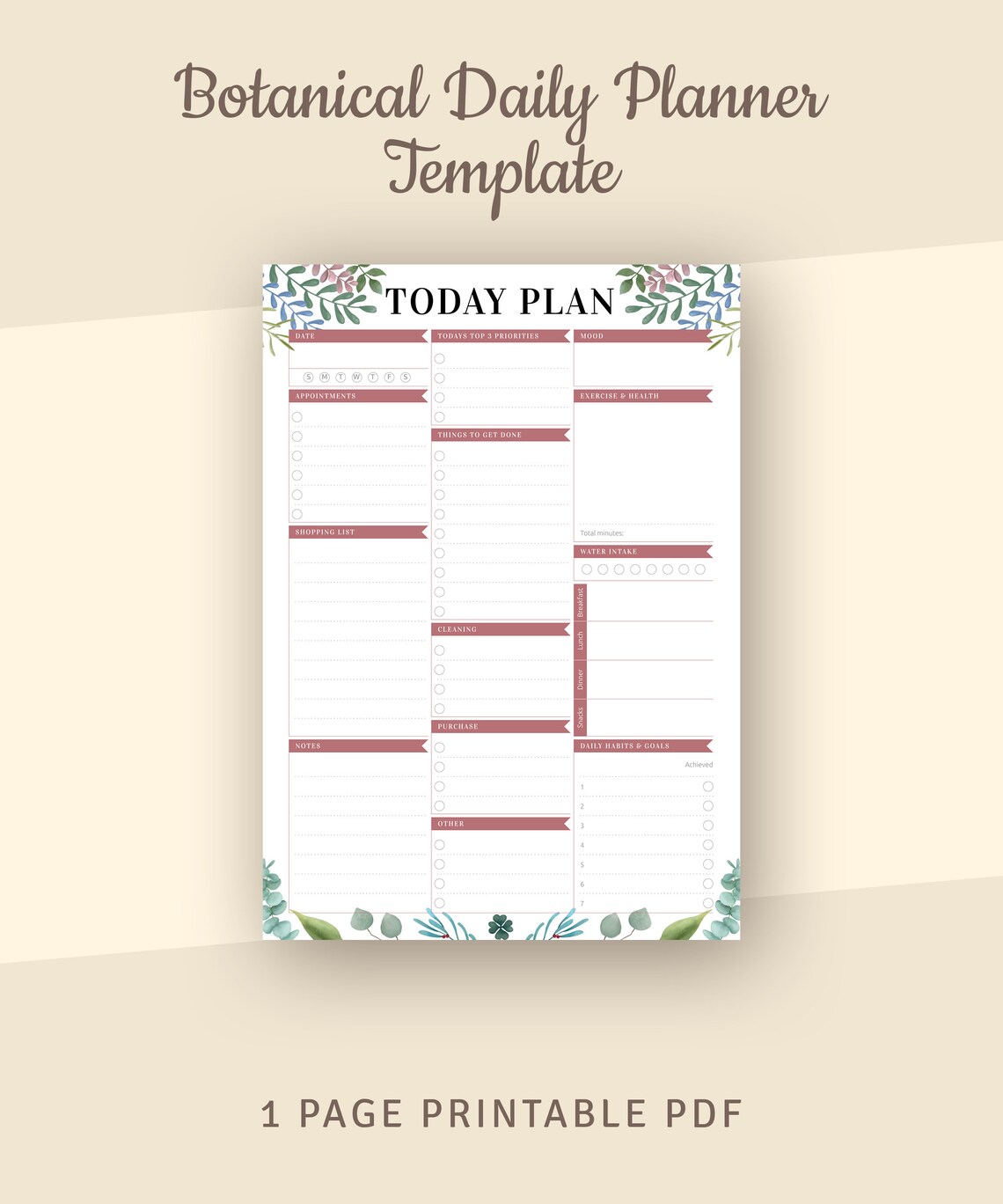 Botanical Daily Planner Template, Undated Daily Agenda, Instant ...
