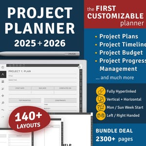 2025-2026 Project Planner for reMarkable Paper Pro / 2 / 1 devices, Hyperlinked Digital Planner Bundle, Digital Download PDF Template