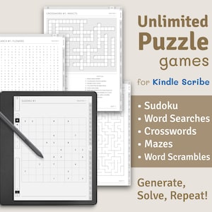 Puede incluir: Una imagen en blanco y negro que muestra un lector electrónico Kindle Scribe con un lápiz. El lector electrónico muestra un Sudoku. La imagen también muestra ejemplos de otros rompecabezas que se pueden generar en el Kindle Scribe, incluyendo búsquedas de palabras, crucigramas, laberintos y anagramas. El texto "Juegos de rompecabezas ilimitados para Kindle Scribe" se muestra en la esquina superior derecha de la imagen. El texto "Generar, Resolver, Repetir!" se muestra en la esquina inferior derecha de la imagen.