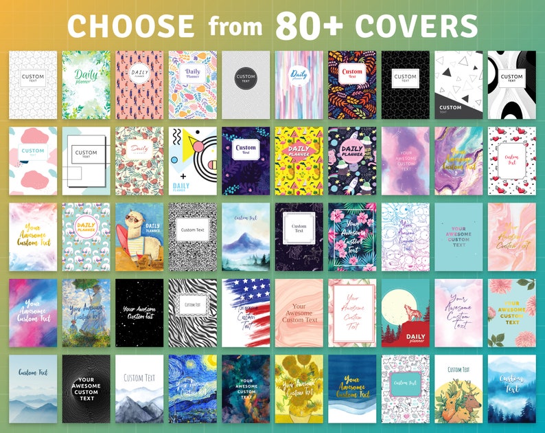 May include: A collage of 80+ colorful and patterned digital planner covers. The covers feature various designs, including geometric shapes, floral patterns, animals, and abstract art. The text "CHOOSE from 80+ COVERS" is displayed at the top of the image.